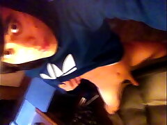 Teen twink with cute face, emo haircut, enervating blue Adidas Trefoil Hoodie, rubs his tiny smooth unearth on the chair asian blissful rap coitus videos